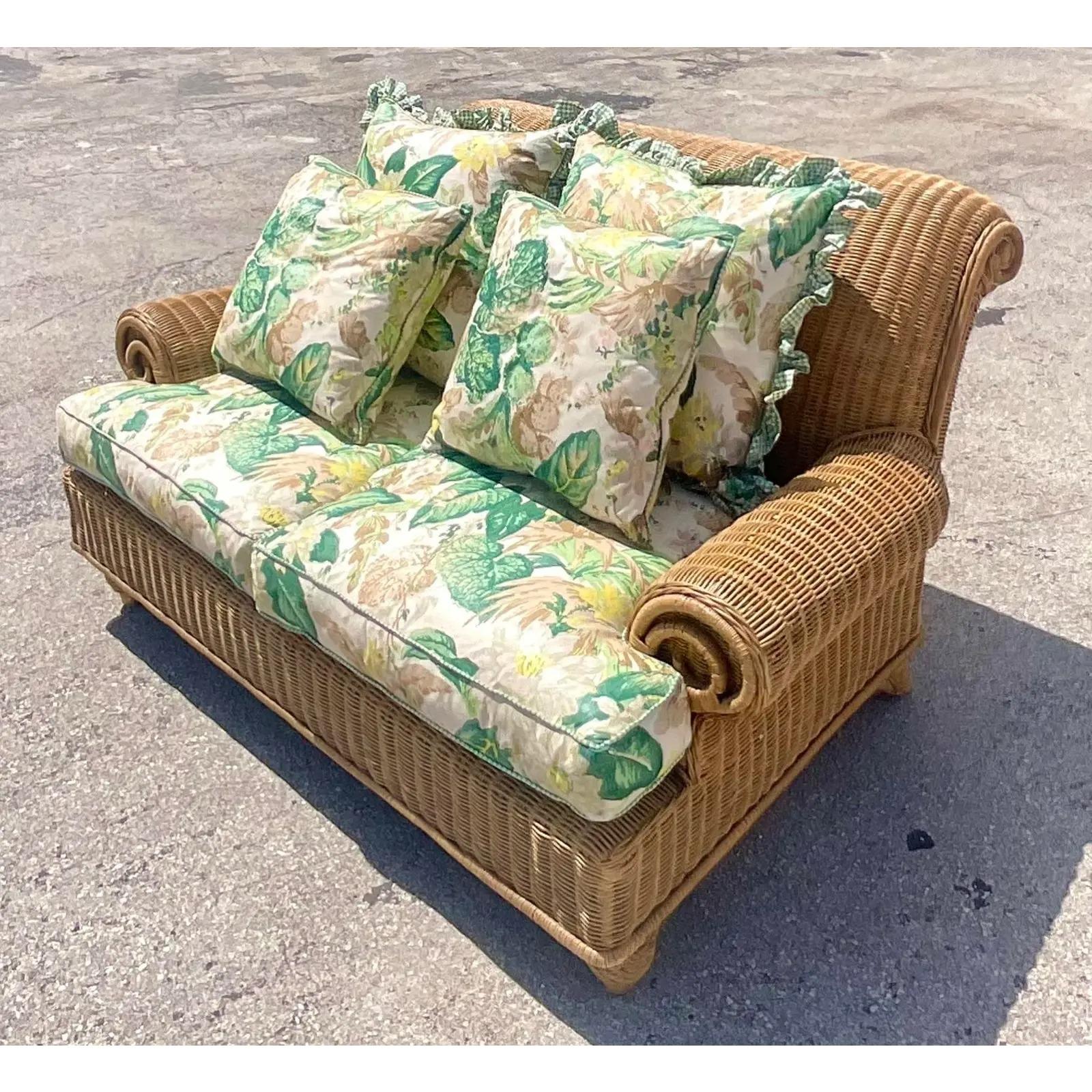 Vintage Coastal Ralph Lauren Woven Rattan Roll Arm Loveseat with Floral Cushions In Good Condition In west palm beach, FL