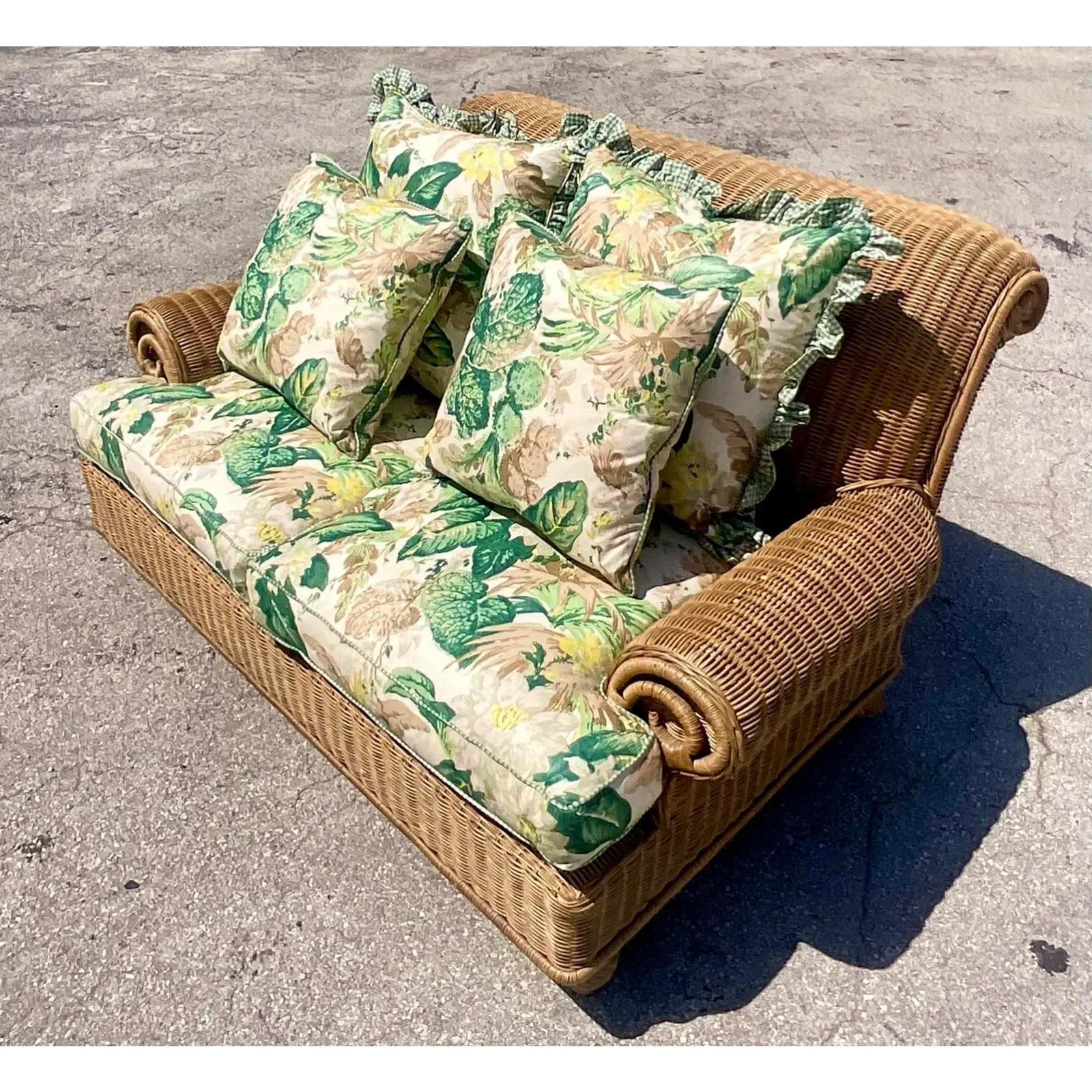 Upholstery Vintage Coastal Ralph Lauren Woven Rattan Roll Arm Loveseat with Floral Cushions