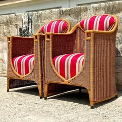 Vintage Coastal Rare Egyptian Woven Rattan Throne Chairs - a Pair