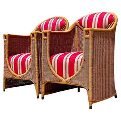 Vintage Coastal Rare Egyptian Woven Rattan Throne Chairs - a Pair