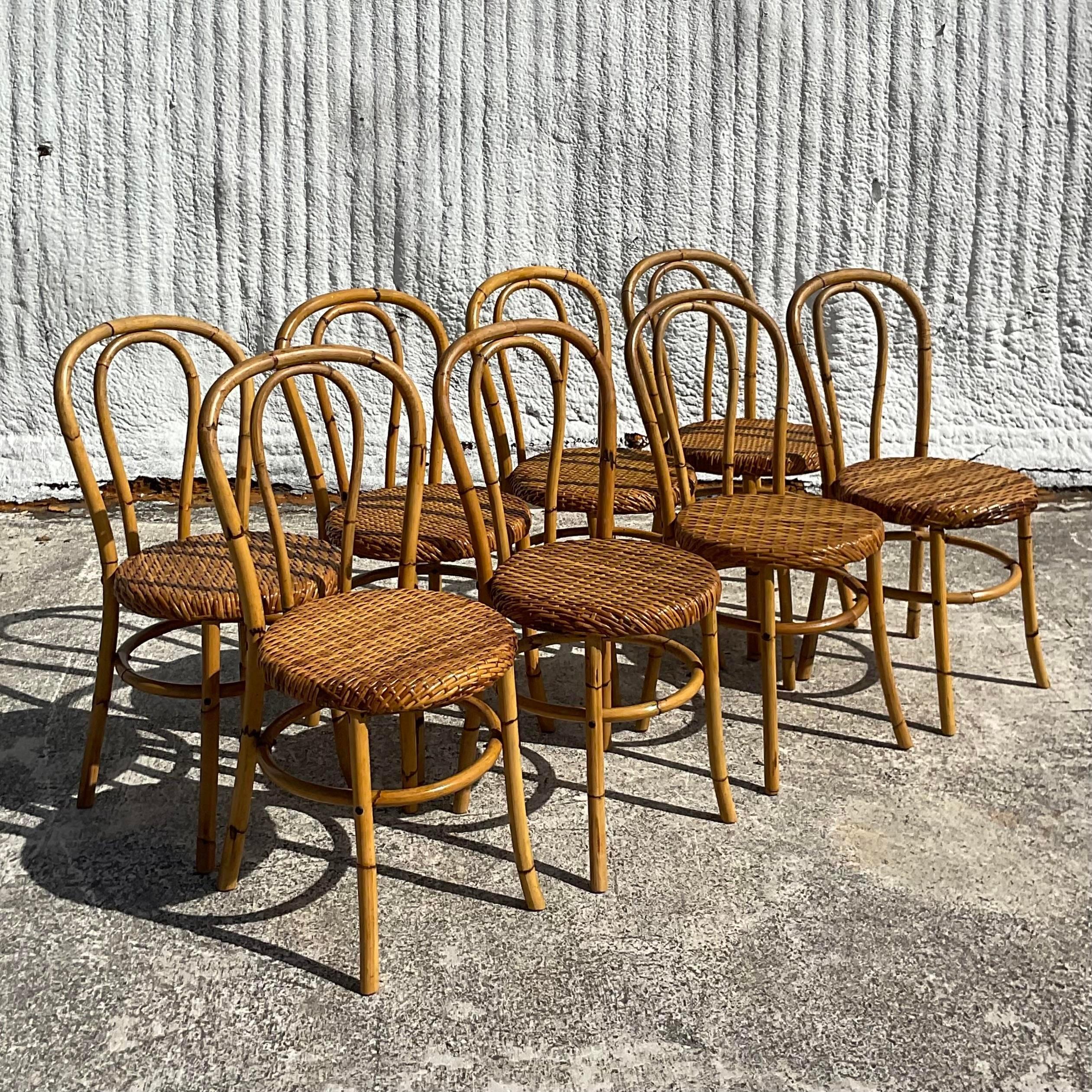 Philippine Vintage Coastal Rare McGuire Bent Bamboo Dining Chairs - Set of 8 For Sale