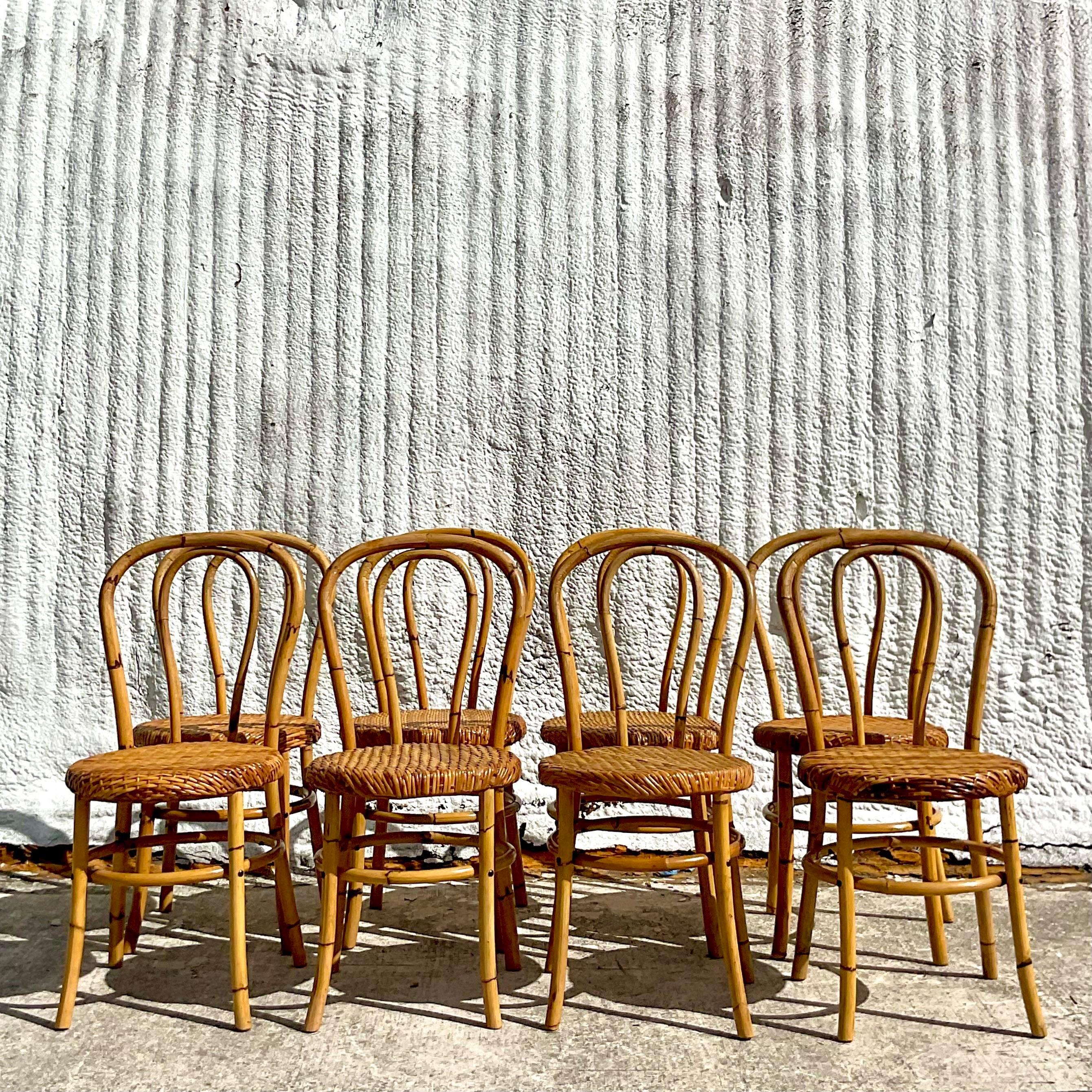 Vintage Coastal Rare McGuire Bent Bamboo Dining Chairs - Set of 8 In Good Condition For Sale In west palm beach, FL