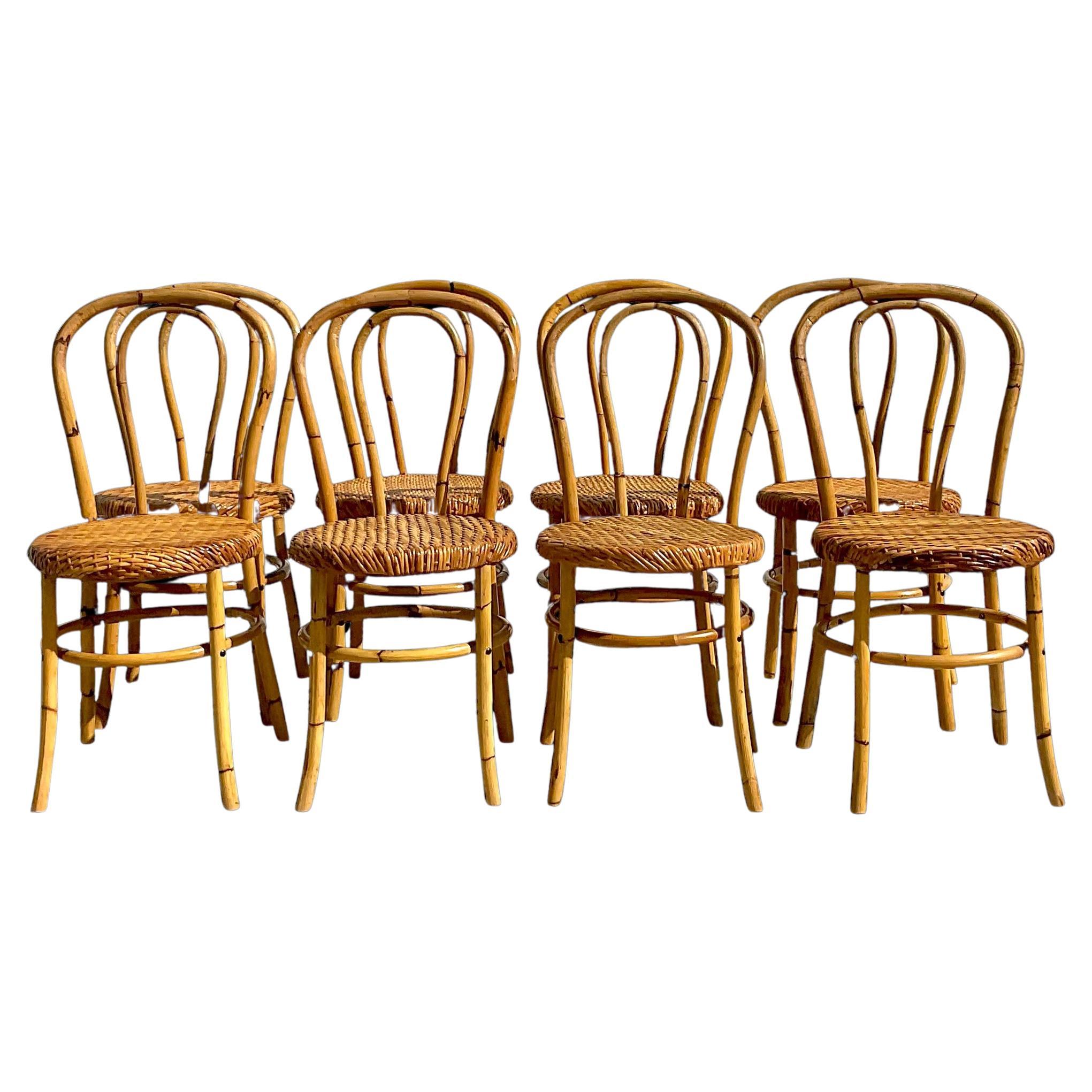 Vintage Coastal Rare McGuire Bent Bamboo Dining Chairs - Set of 8 For Sale