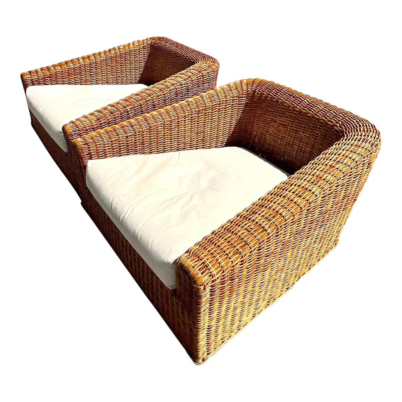 Philippine Vintage Coastal Rare Michael Taylor for Wicker Works California Lounge Chairs