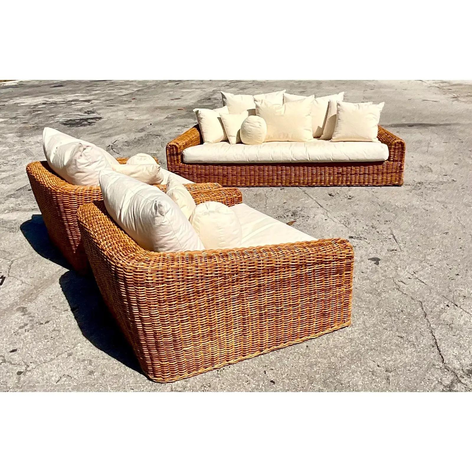 Late 20th Century Vintage Coastal Rare Michael Taylor for Wicker Works California Lounge Chairs