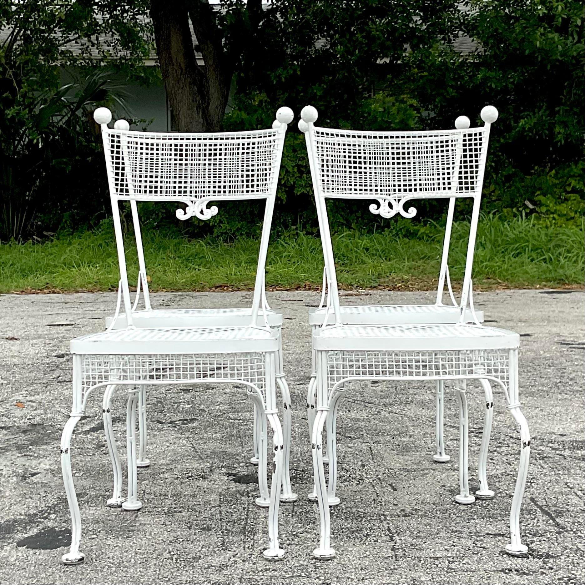 American Vintage Coastal Rare Wrought Iron Dining Chairs After Russell Woodard - Set of 4 For Sale