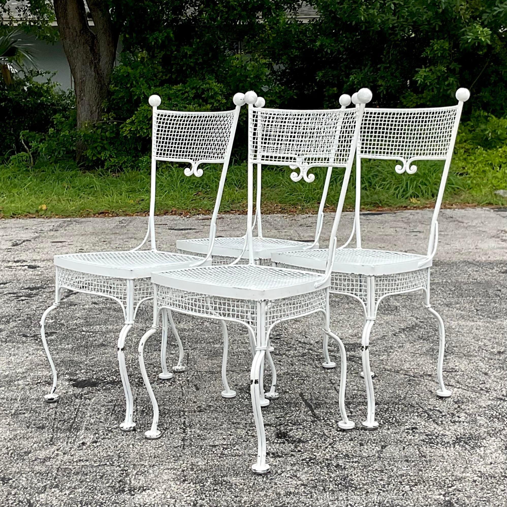 Vintage Coastal Rare Wrought Iron Dining Chairs After Russell Woodard - Set of 4 In Fair Condition For Sale In west palm beach, FL