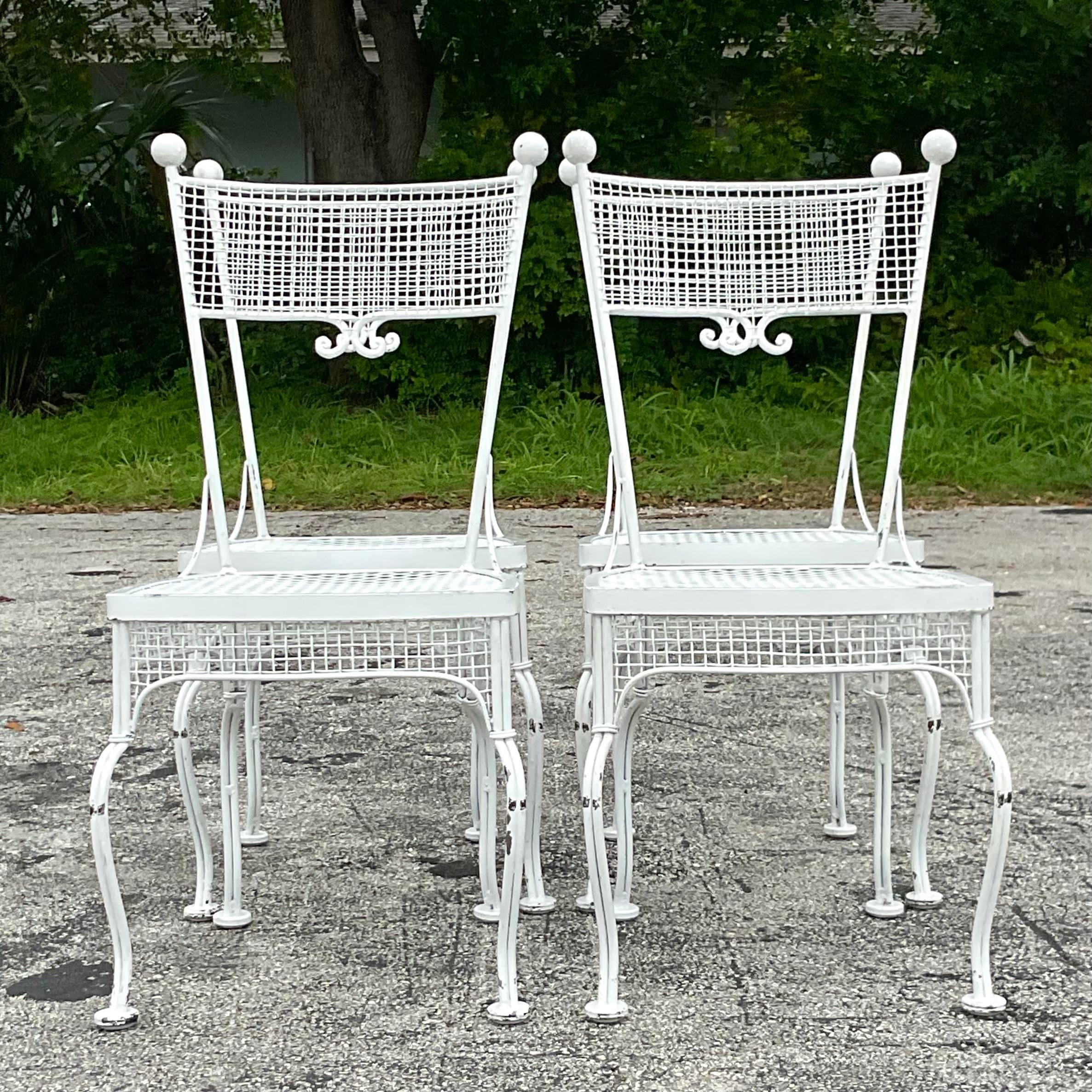20th Century Vintage Coastal Rare Wrought Iron Dining Chairs After Russell Woodard - Set of 4 For Sale