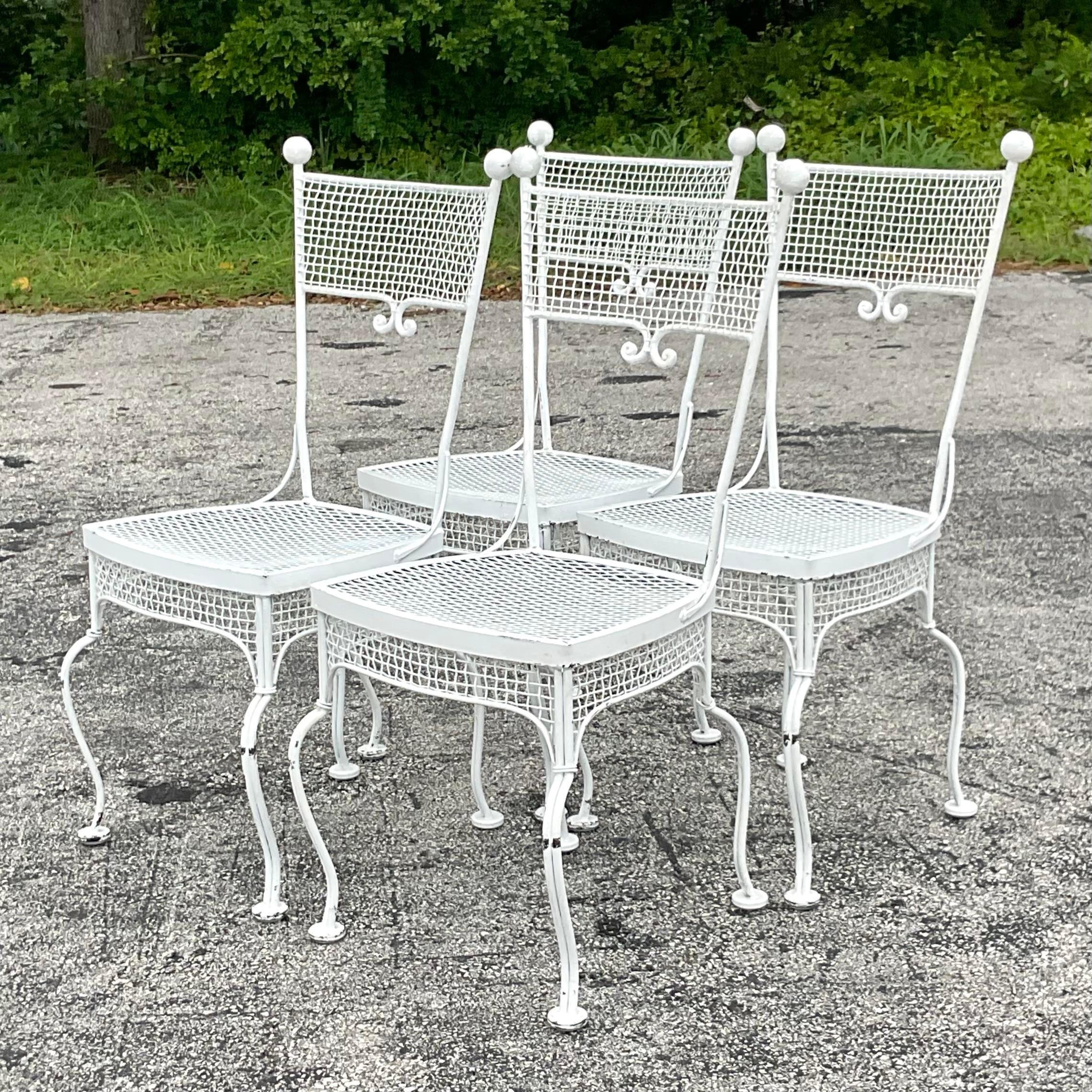 Metal Vintage Coastal Rare Wrought Iron Dining Chairs After Russell Woodard - Set of 4 For Sale