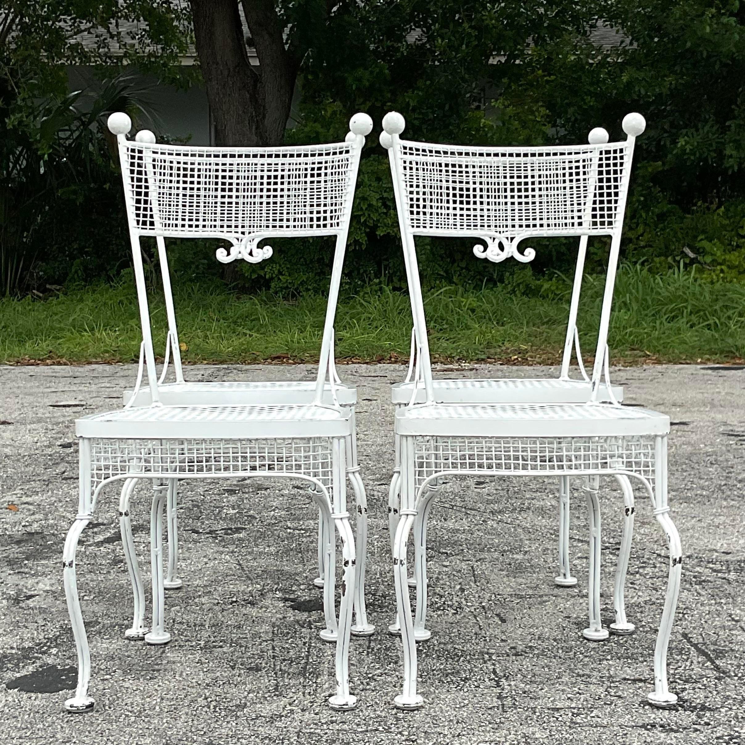 Vintage Coastal Rare Wrought Iron Dining Chairs After Russell Woodard - Set of 4 For Sale 1