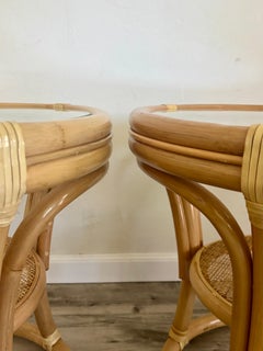 Vintage Coastal Ratan, Rawhide, and Glass Side Tables