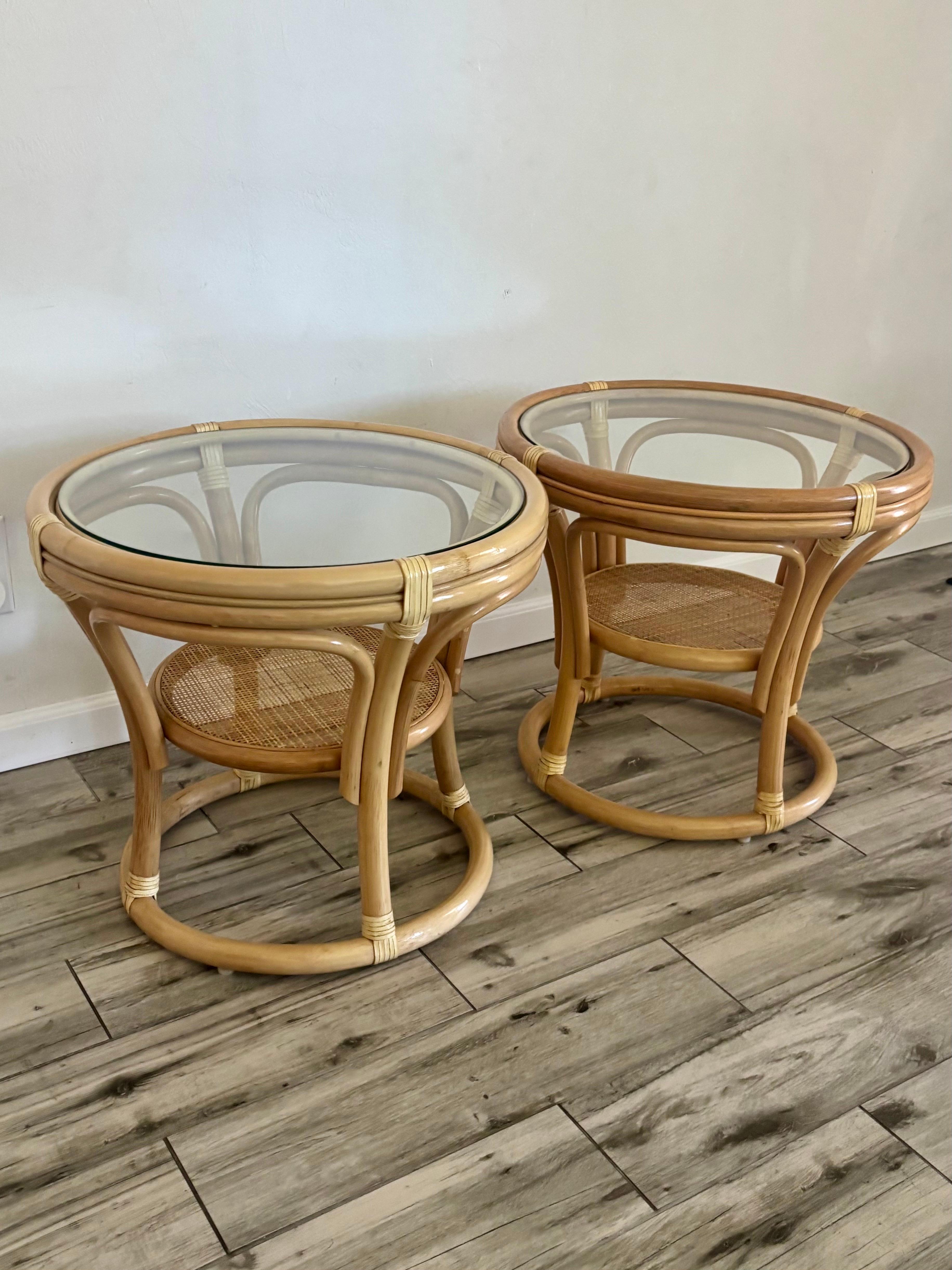 Vintage Coastal Ratan, Rawhide, and Glass Side Tables In Good Condition For Sale In Boynton Beach, FL