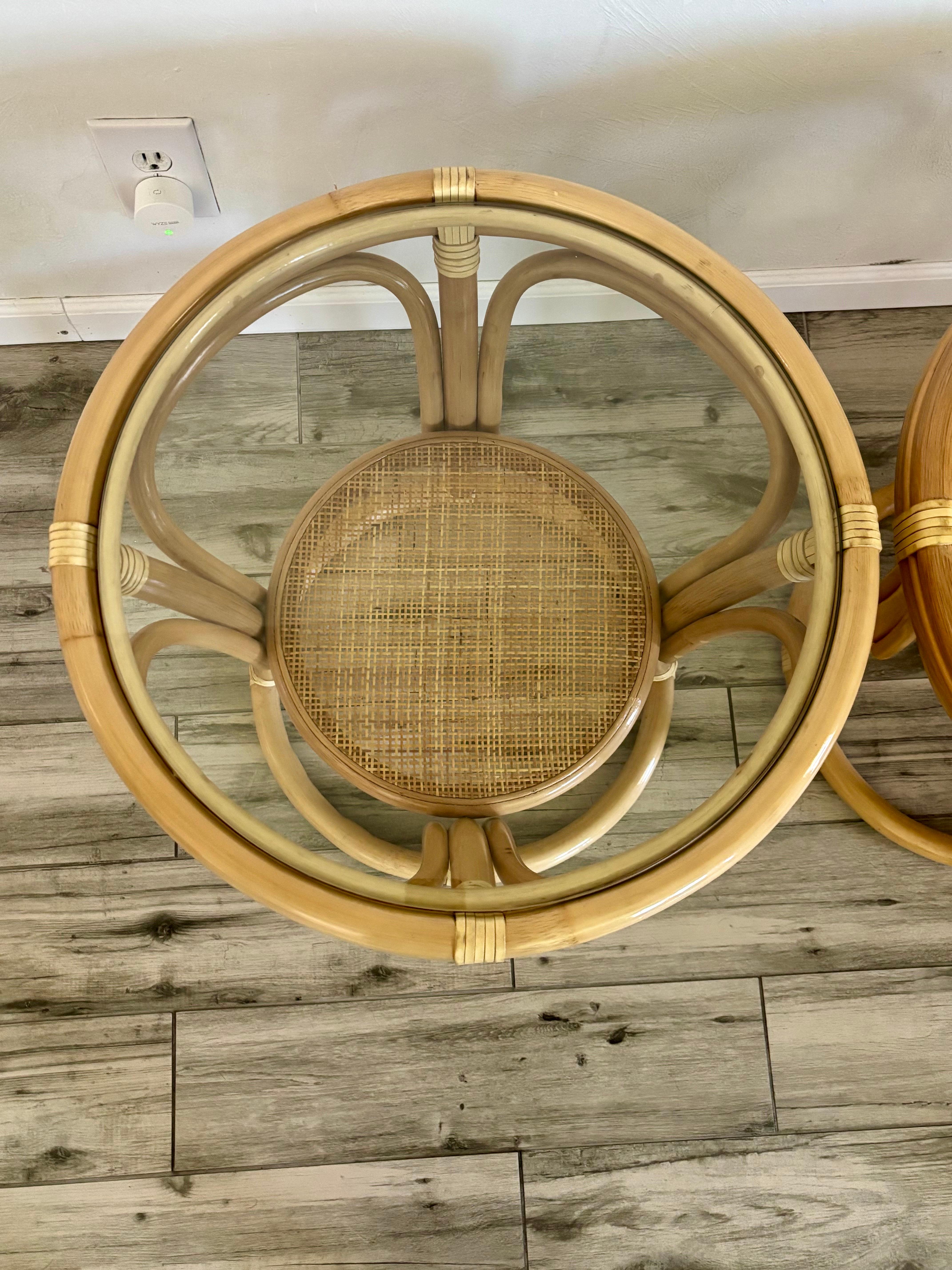 Vintage Coastal Ratan, Rawhide, and Glass Side Tables For Sale 2