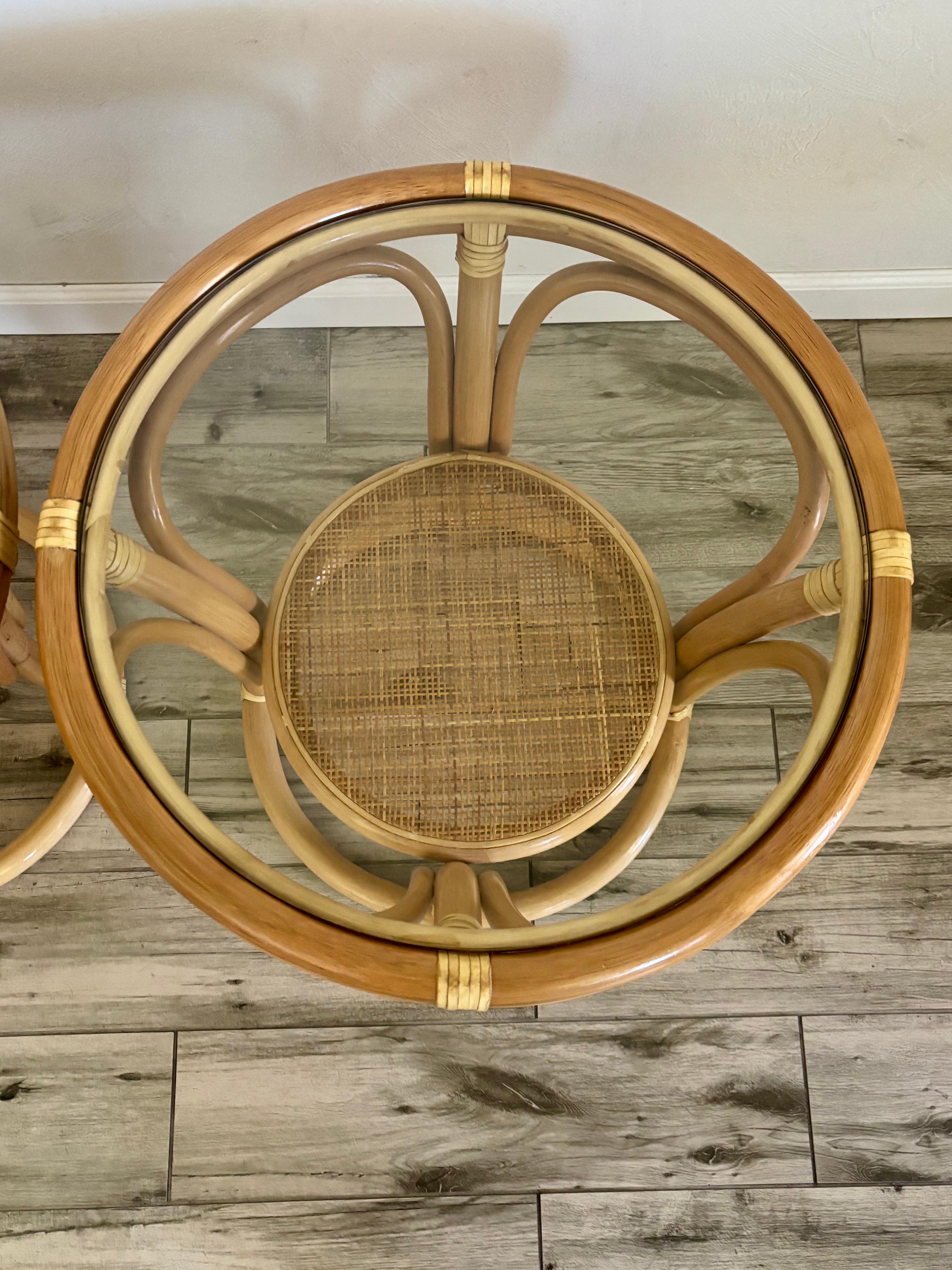 Vintage Coastal Ratan, Rawhide, and Glass Side Tables For Sale 3