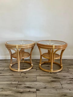 Vintage Coastal Ratan, Rawhide, and Glass Side Tables