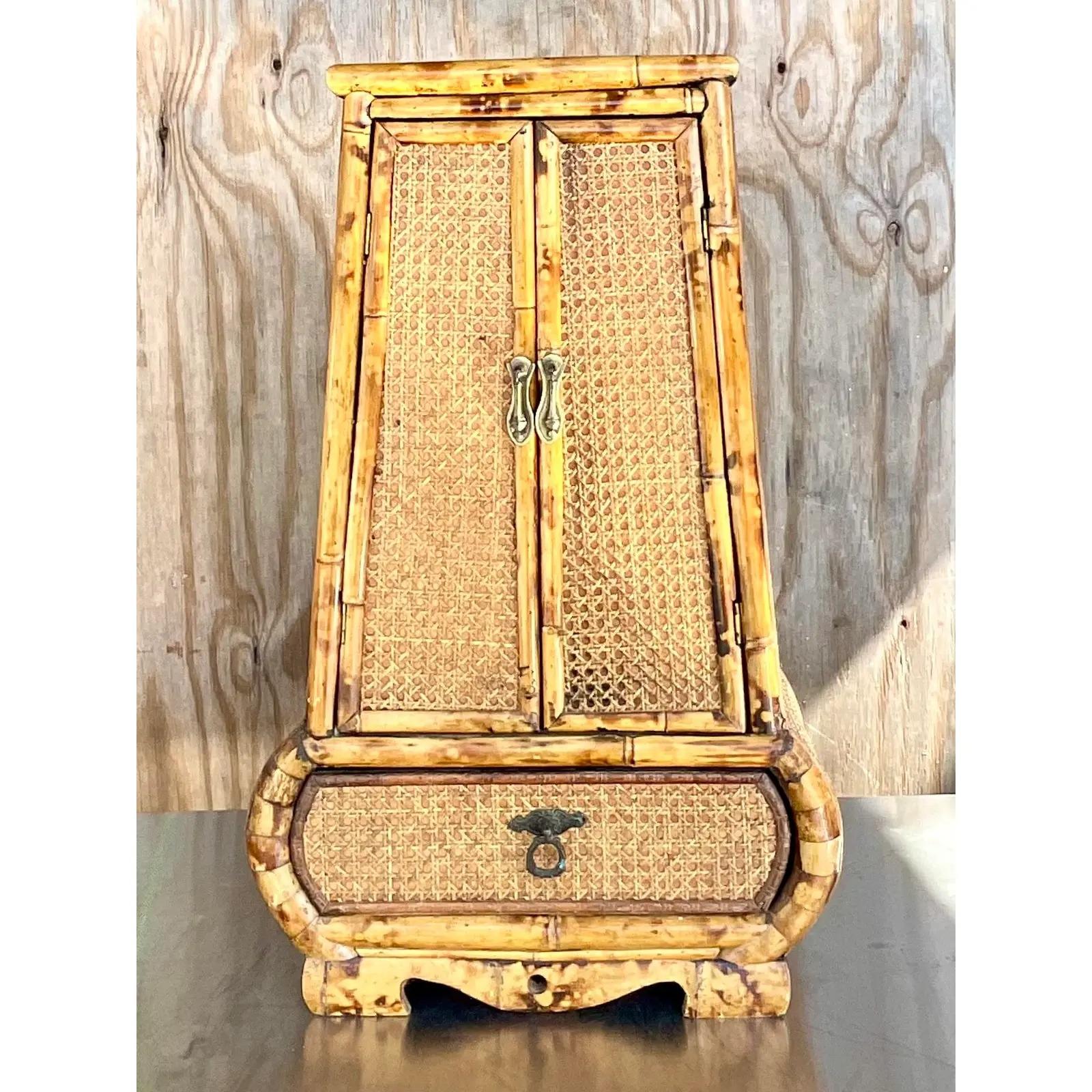 Vintage Coastal Rattan and Cane Tabletop Keyhole Cabinet In Good Condition In west palm beach, FL