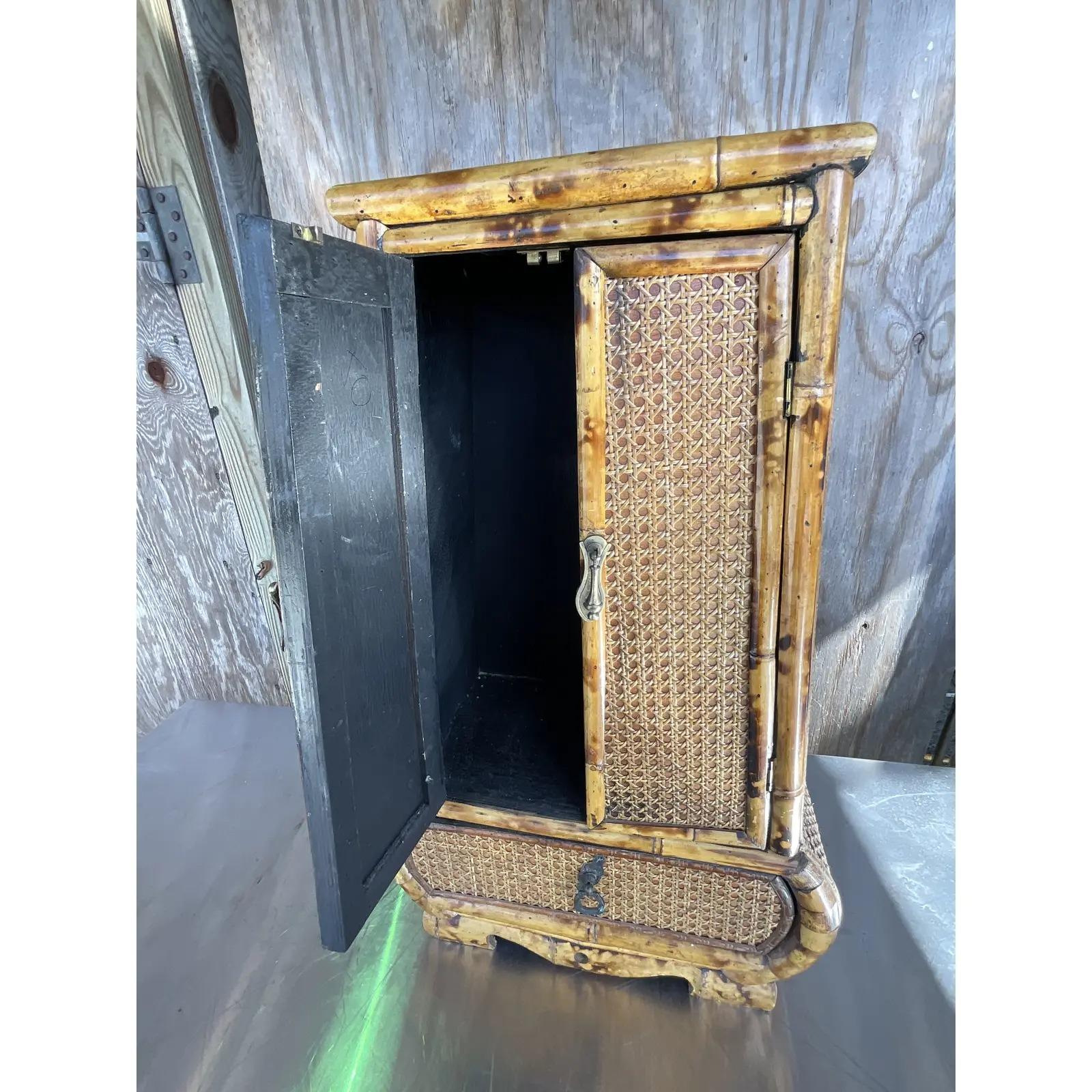 Bamboo Vintage Coastal Rattan and Cane Tabletop Keyhole Cabinet