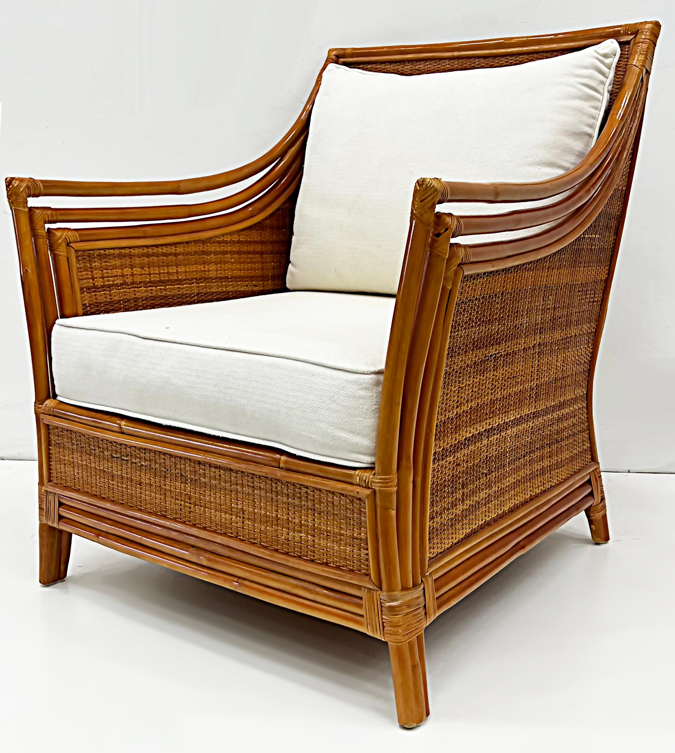 Fabric Vintage Coastal Rattan and Wicker Lounge Chair