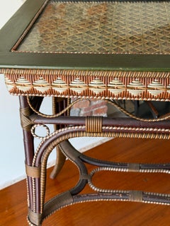 Vintage Coastal Rattan and Wicker Side Table with Glass Top, c. 1970s