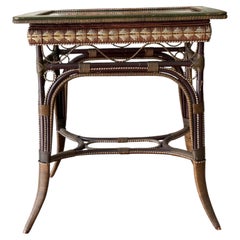 Vintage Coastal Rattan and Wicker Side Table with Glass Top, c. 1970s