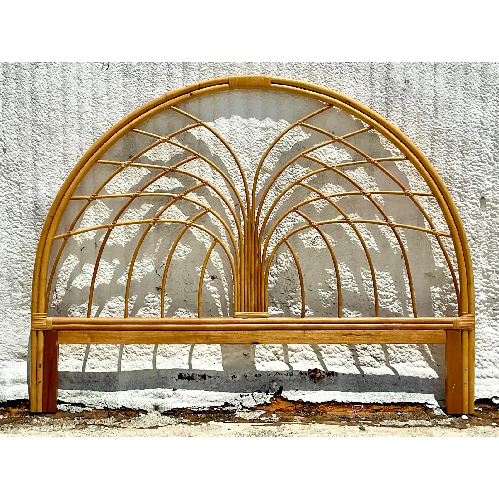 Vintage Coastal Rattan Arched King Headboard In Good Condition In west palm beach, FL