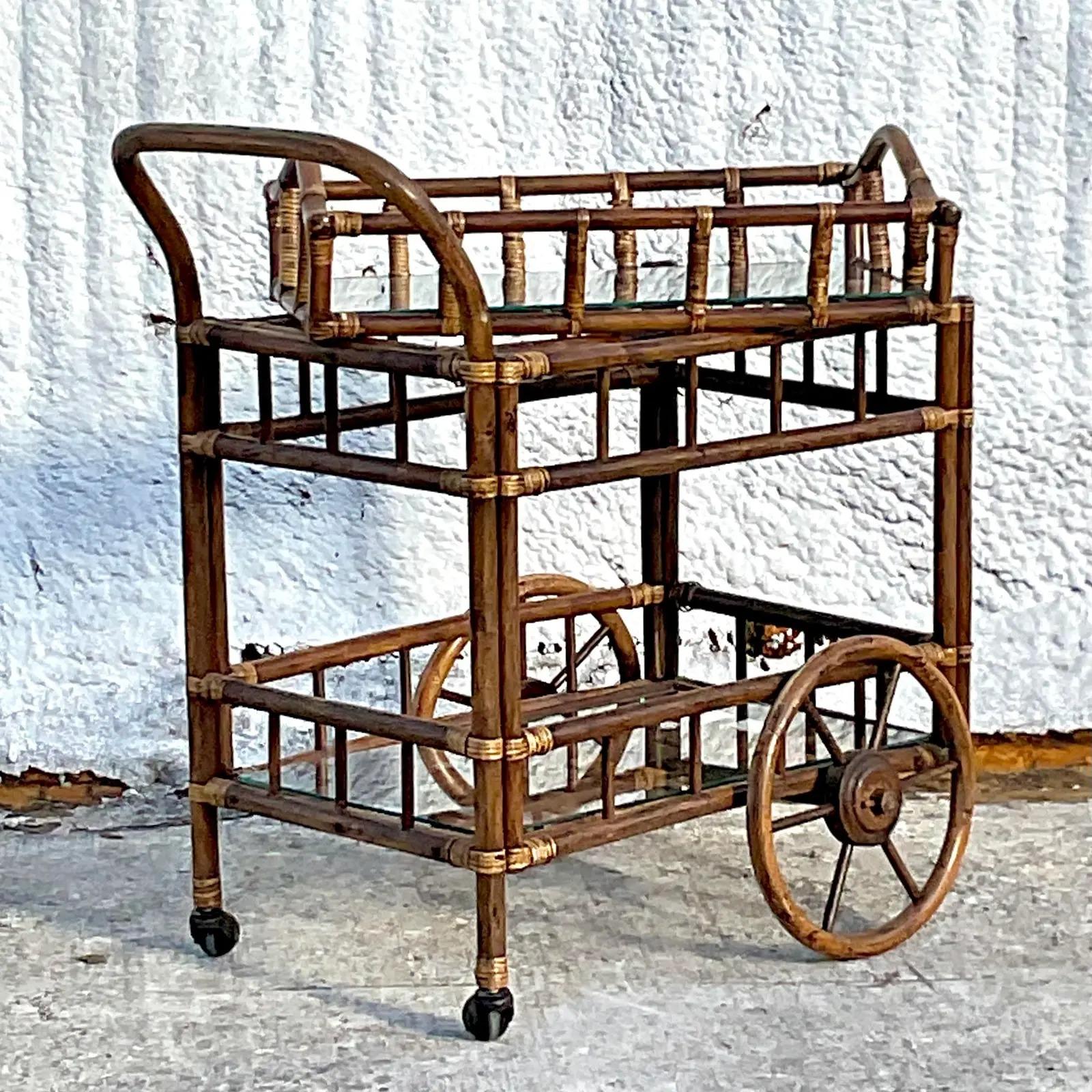 North American Vintage Coastal Rattan Bar Cart with Butler’s Tray