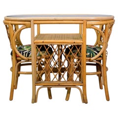 Vintage Coastal Rattan Bistro Table & Chairs Set, New Tropical Fabric, 1970s