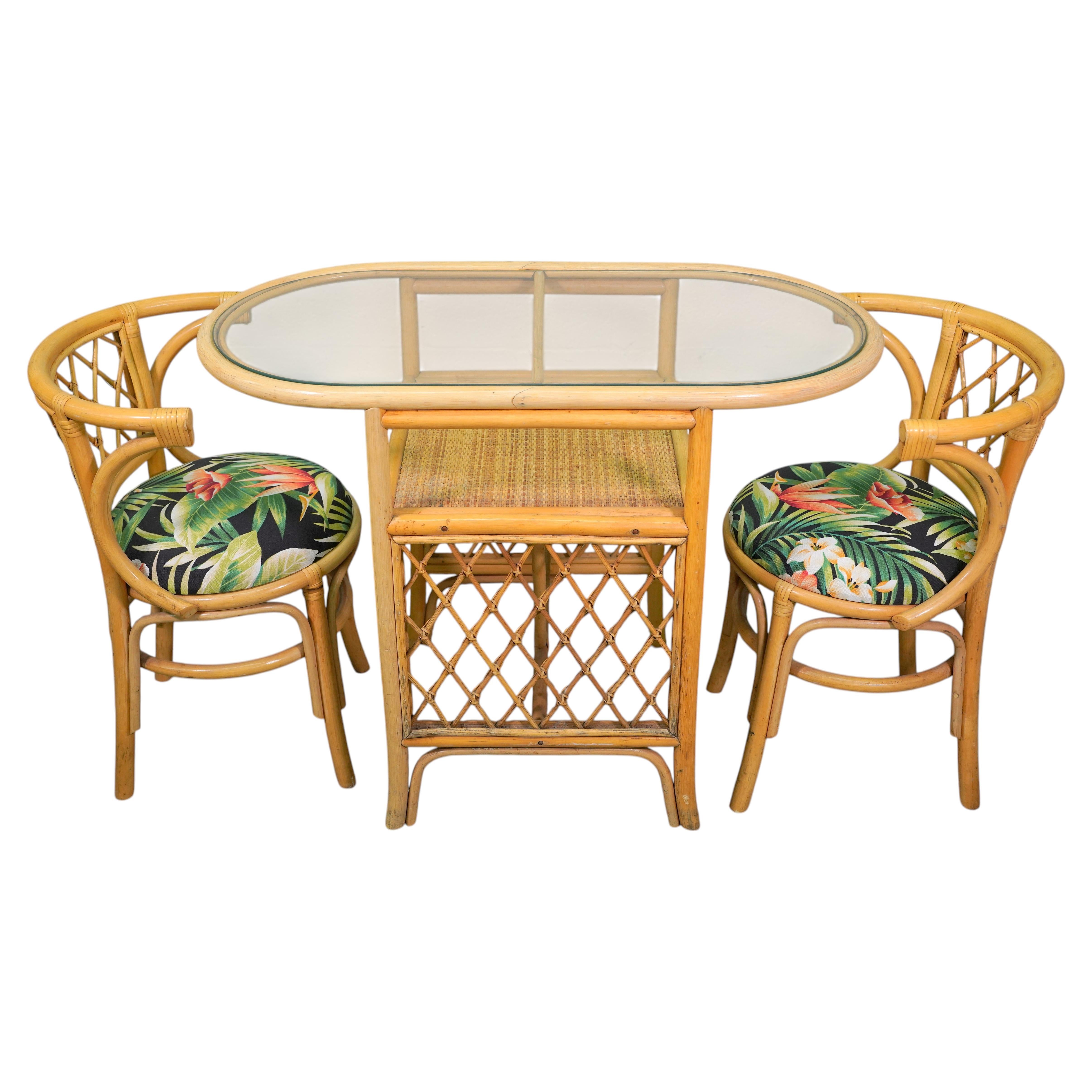 Vintage Coastal Rattan Bistro Table & Chairs Set, New Tropical Fabric, 1970s