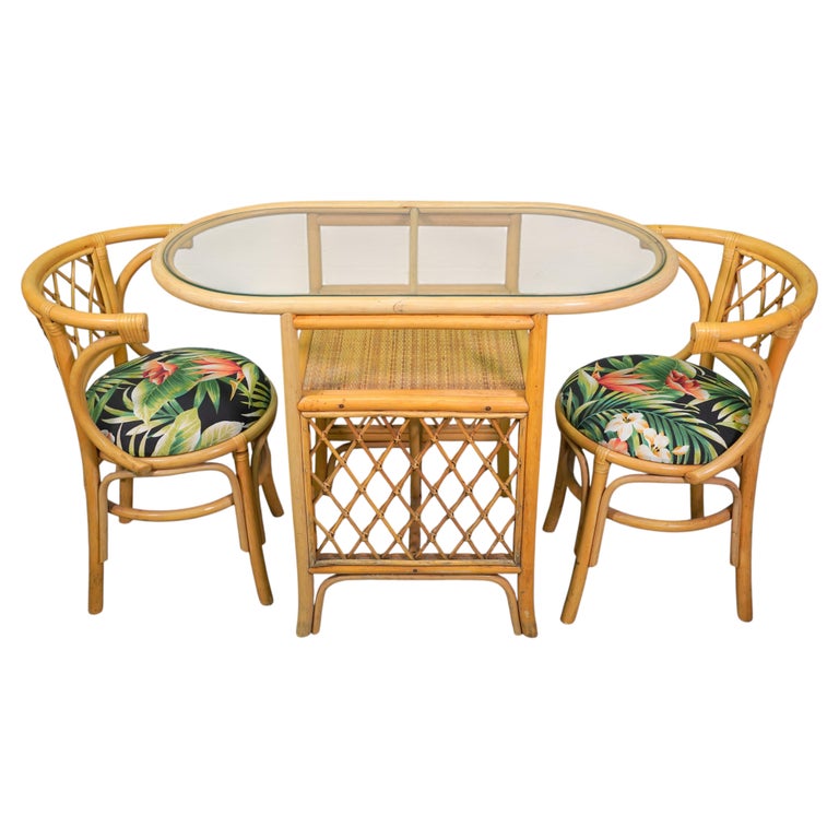 Vintage Coastal Rattan Bistro Table & Chairs Set, New Tropical Fabric, 1970s