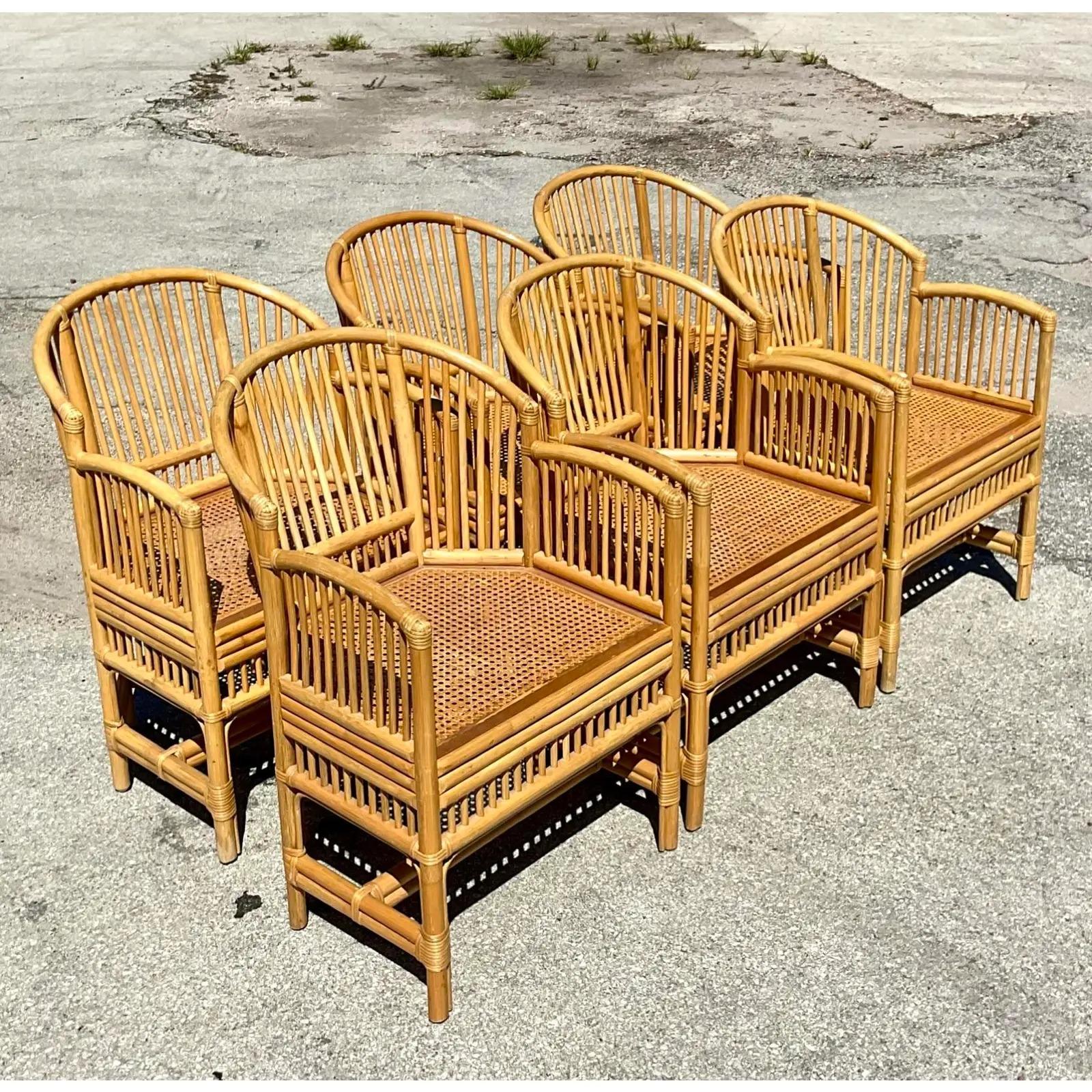 Vintage Coastal Rattan Brighton Chairs, Set of Six In Good Condition In west palm beach, FL