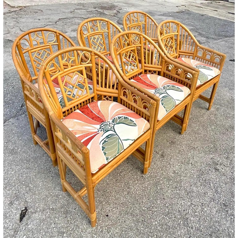 Vintage Coastal Rattan Brighton Dining Chairs, Set of 6 For Sale at 1stDibs