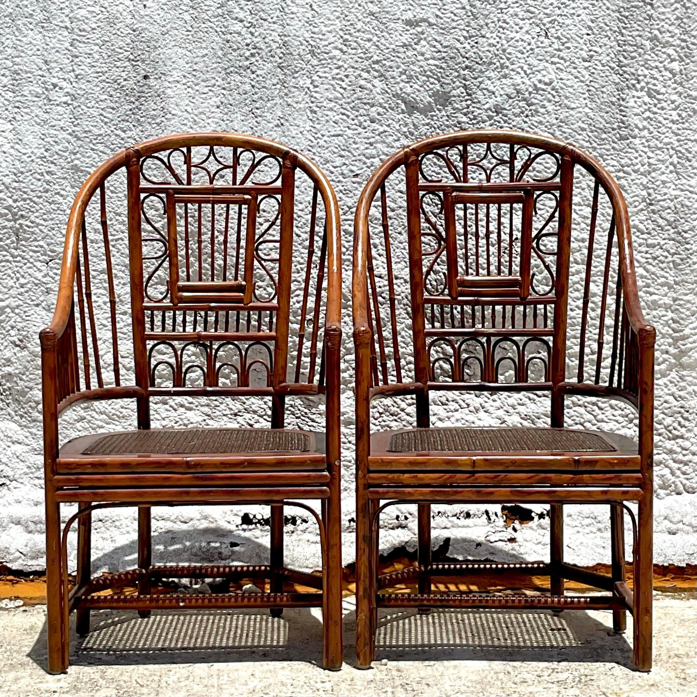 Cane Vintage Coastal Rattan Brighton Pavillon Chairs - a Pair