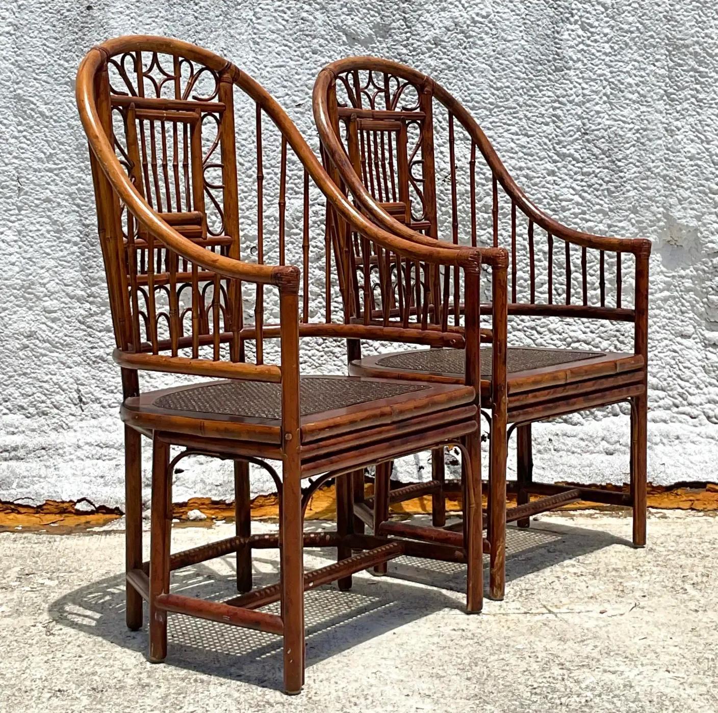 Cane Vintage Coastal Rattan Brighton Pavillon Chairs - a Pair
