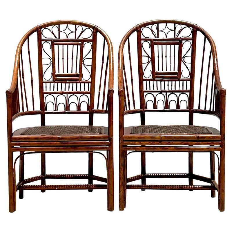 Vintage Coastal Split Rattan Fan Back Chairs - a Pair For Sale at 1stDibs