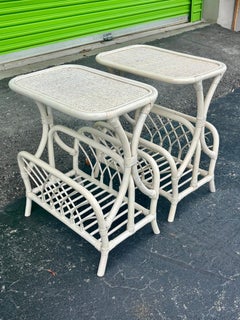 Vintage Coastal Rattan & Cane End Tables, Pair with Magazine Shelves in White