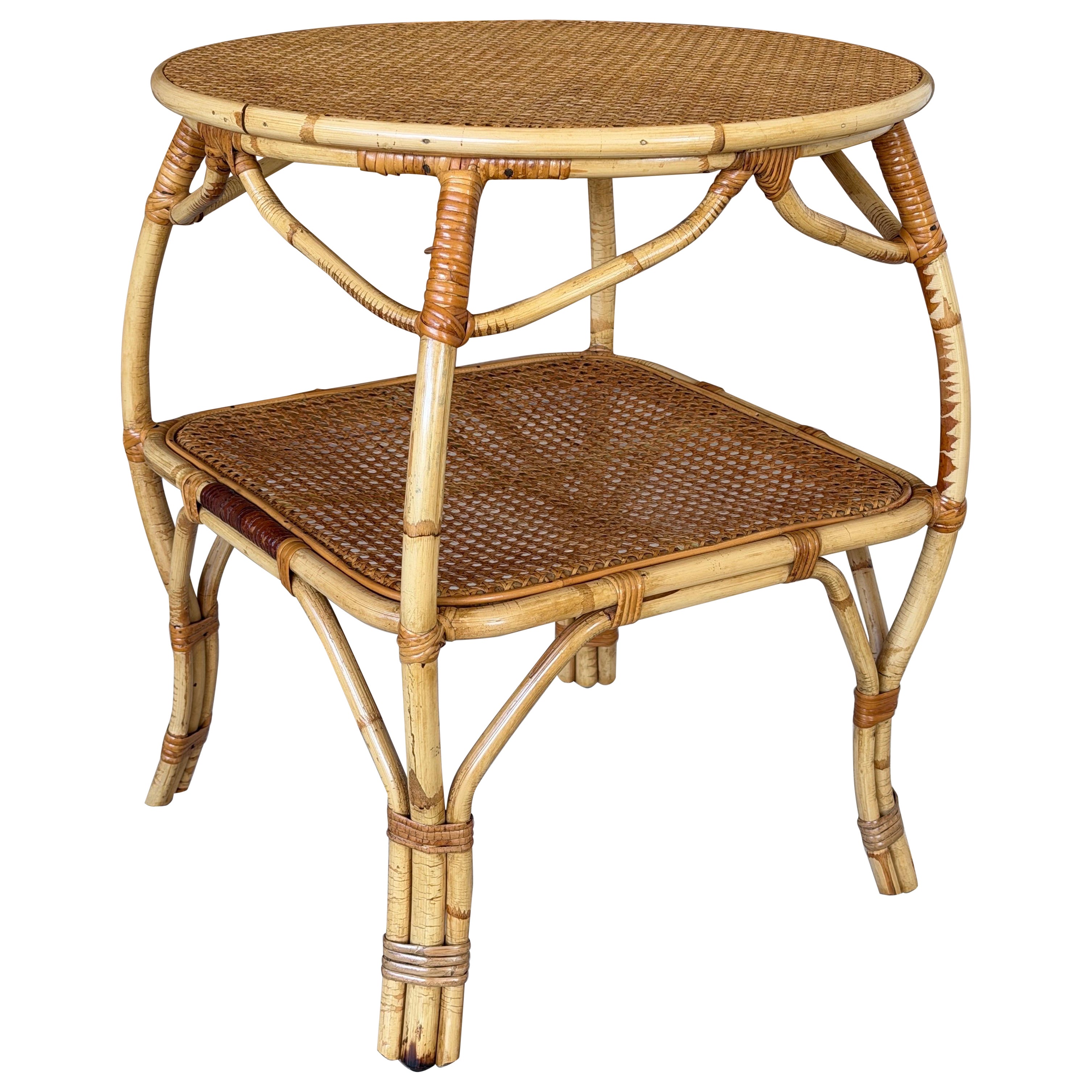 Vintage Coastal Rattan & Cane Two-Tier Side Table