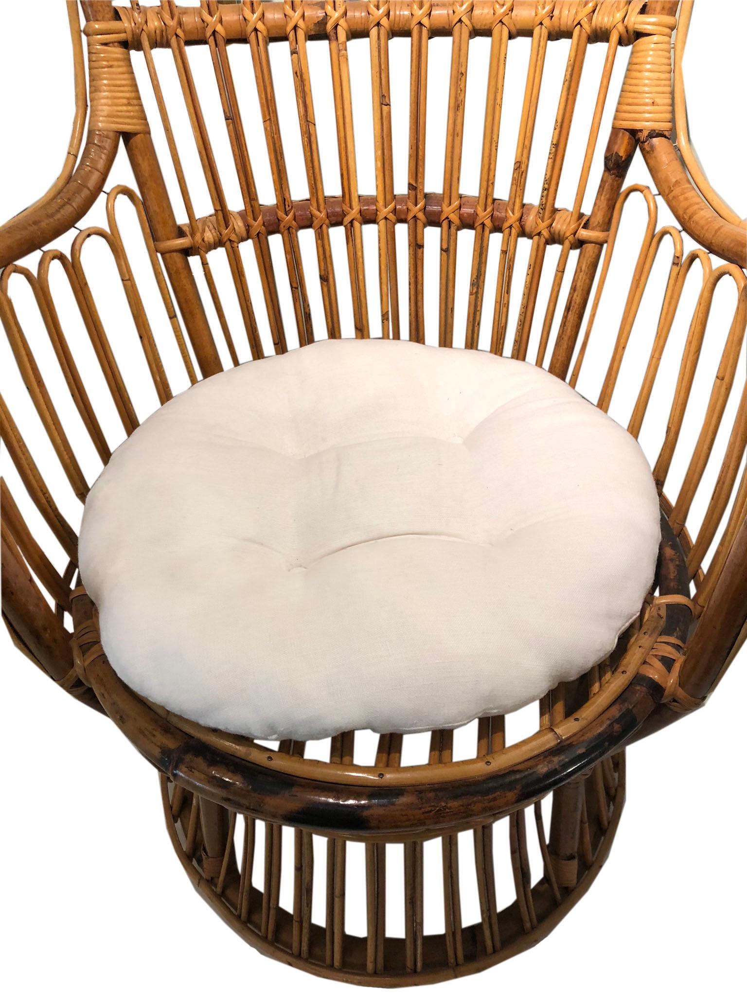 Mid-Century Modern Vintage Coastal Rattan Chair with New Upholstered Cushion