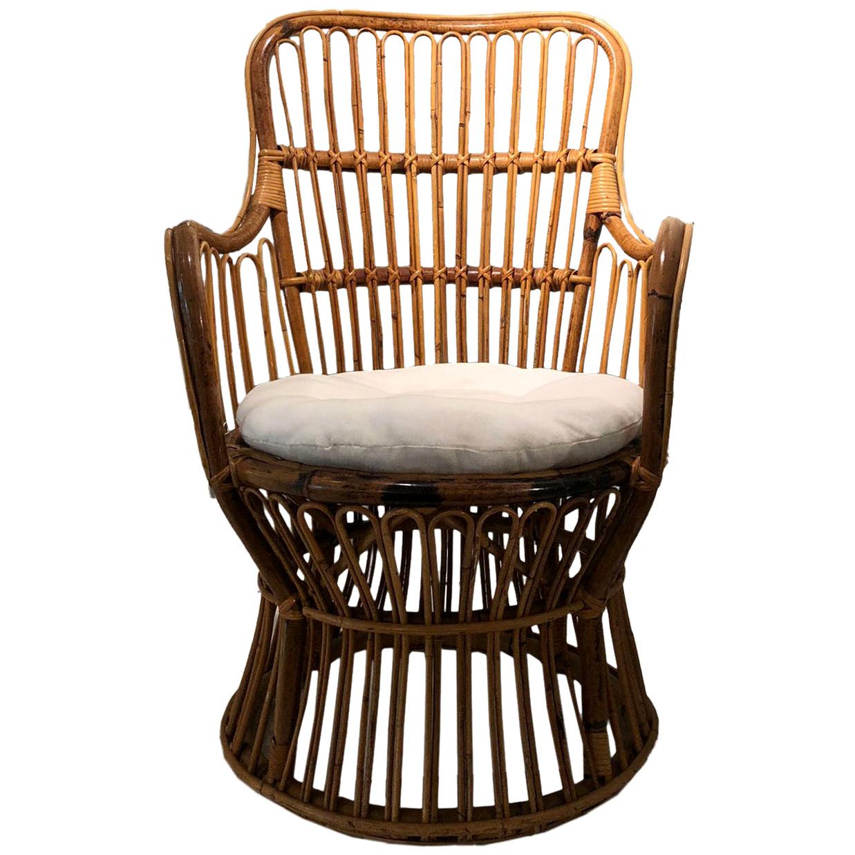 Vintage Coastal Rattan Chair with New Upholstered Cushion