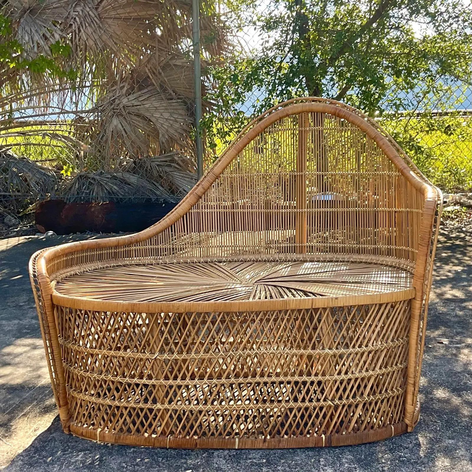 Vintage Coastal Rattan Chaise Lounge In Good Condition In west palm beach, FL
