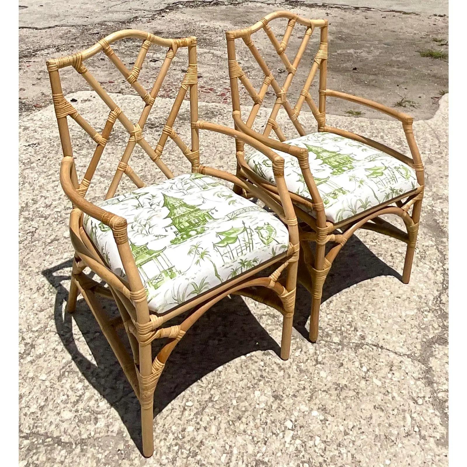 Philippine Vintage Coastal Rattan Chinese Chippendale Arm Chairs, a Pair