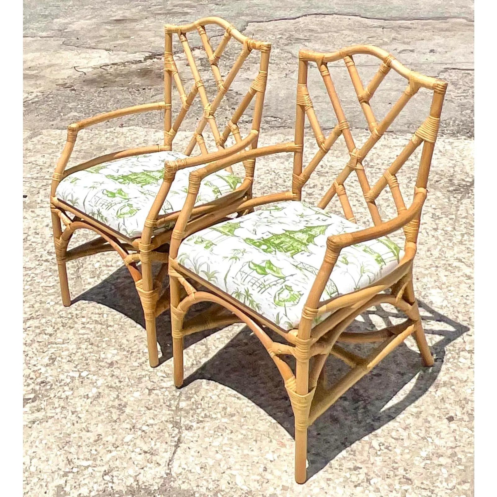 Vintage Coastal Rattan Chinese Chippendale Arm Chairs, a Pair In Good Condition In West Palm Beach, FL