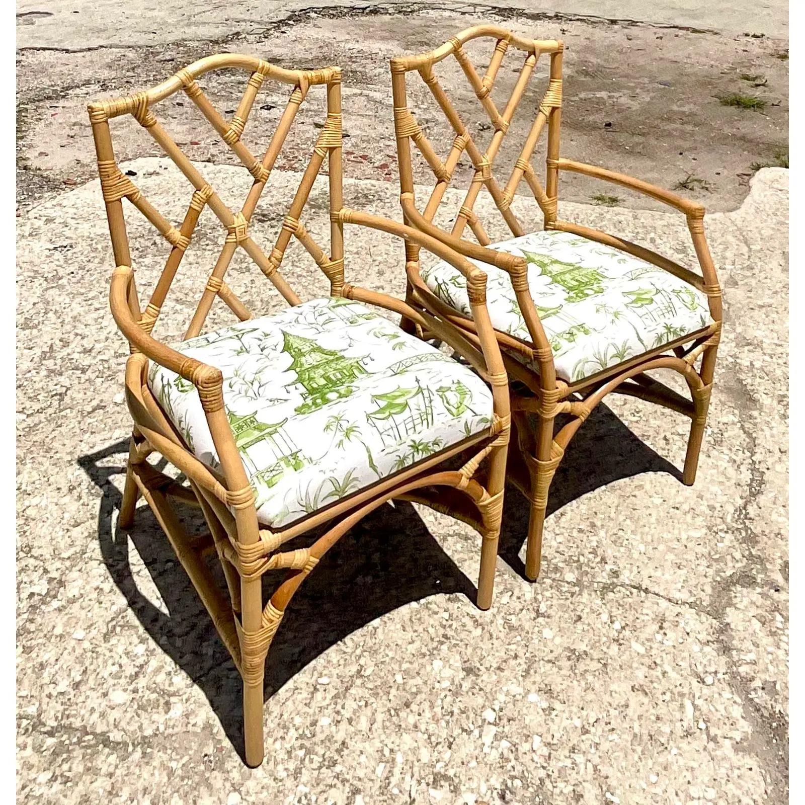 Upholstery Vintage Coastal Rattan Chinese Chippendale Arm Chairs, a Pair