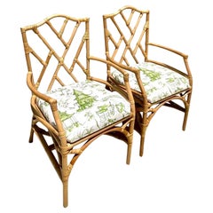 Vintage Coastal Rattan Chinese Chippendale Arm Chairs, a Pair