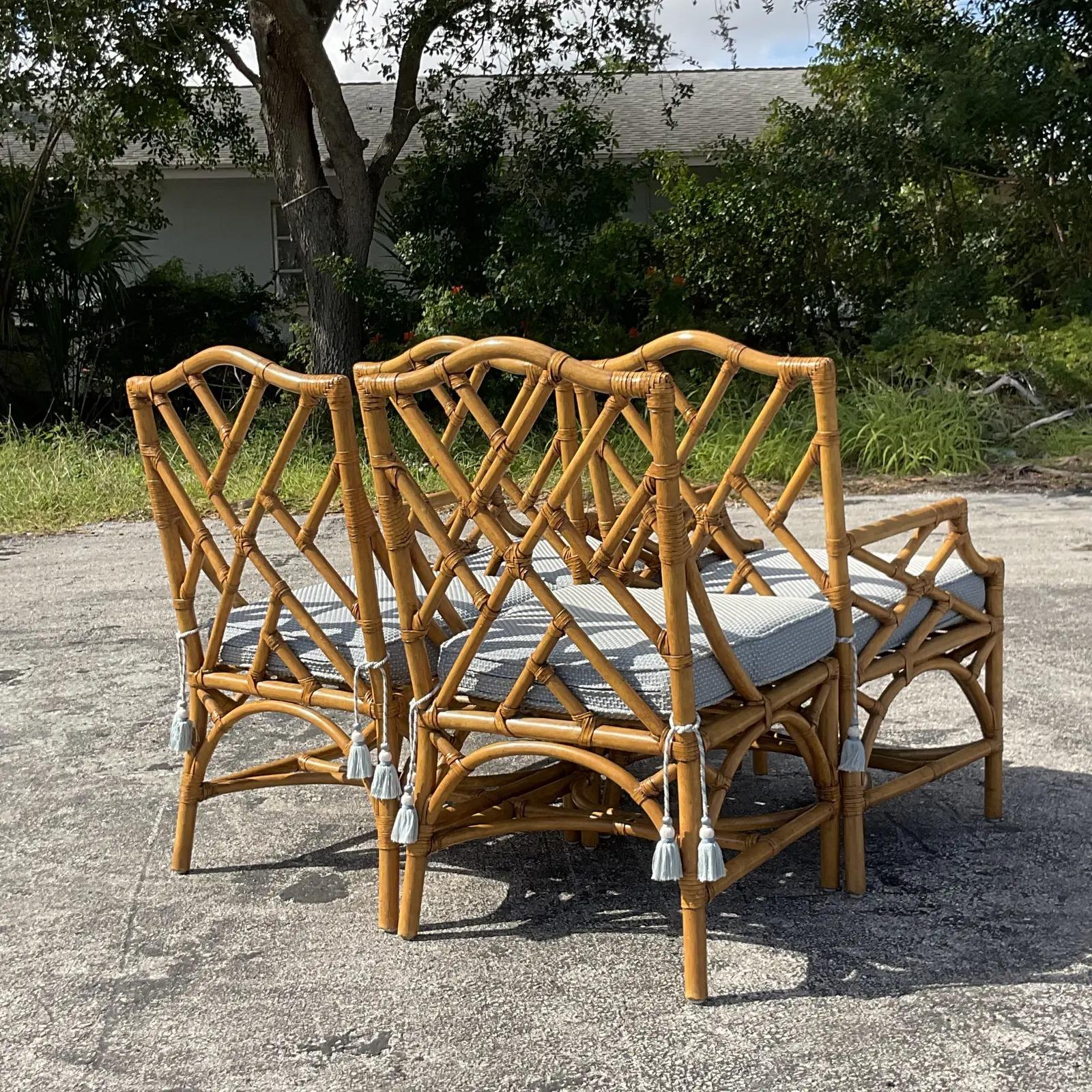 Philippine Vintage Coastal Rattan Chinese Chippendale Dining Chairs, Set of 4