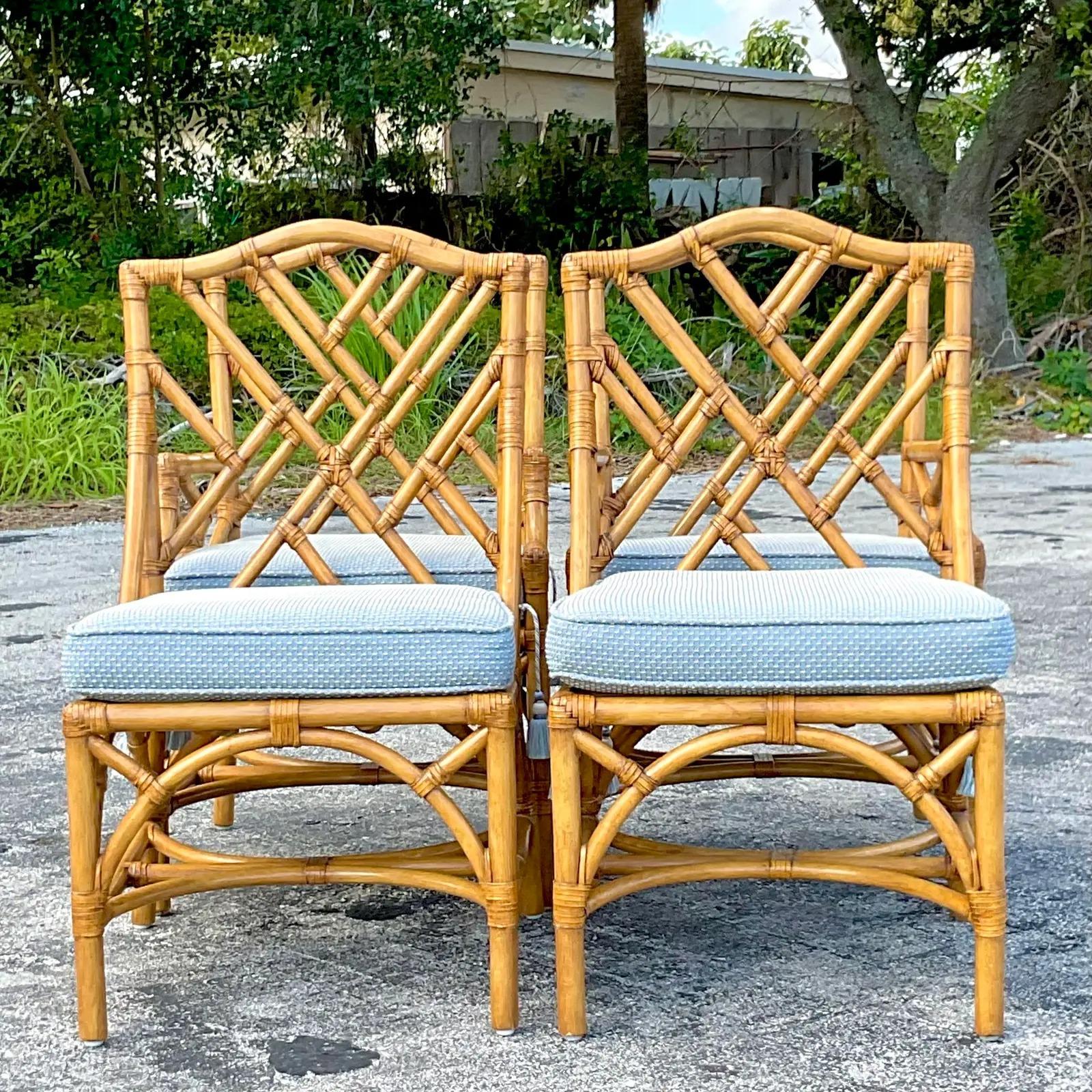 20th Century Vintage Coastal Rattan Chinese Chippendale Dining Chairs, Set of 4