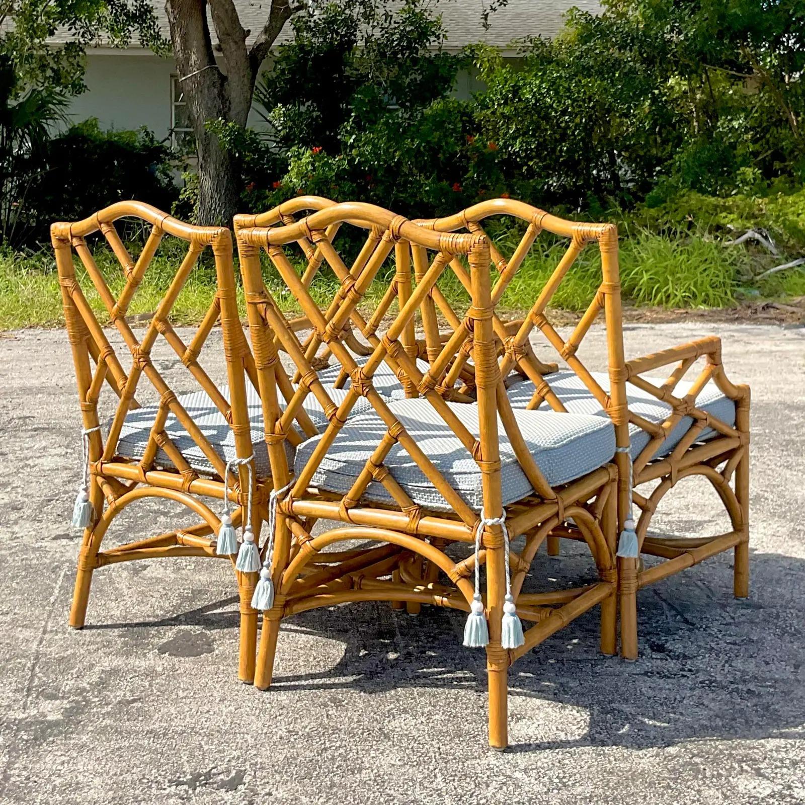 Vintage Coastal Rattan Chinese Chippendale Dining Chairs, Set of 4 1