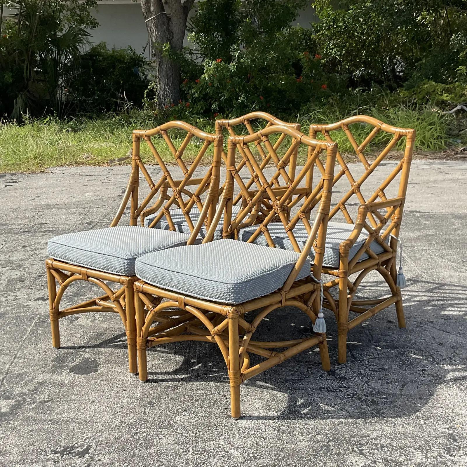 Vintage Coastal Rattan Chinese Chippendale Dining Chairs, Set of 4 3