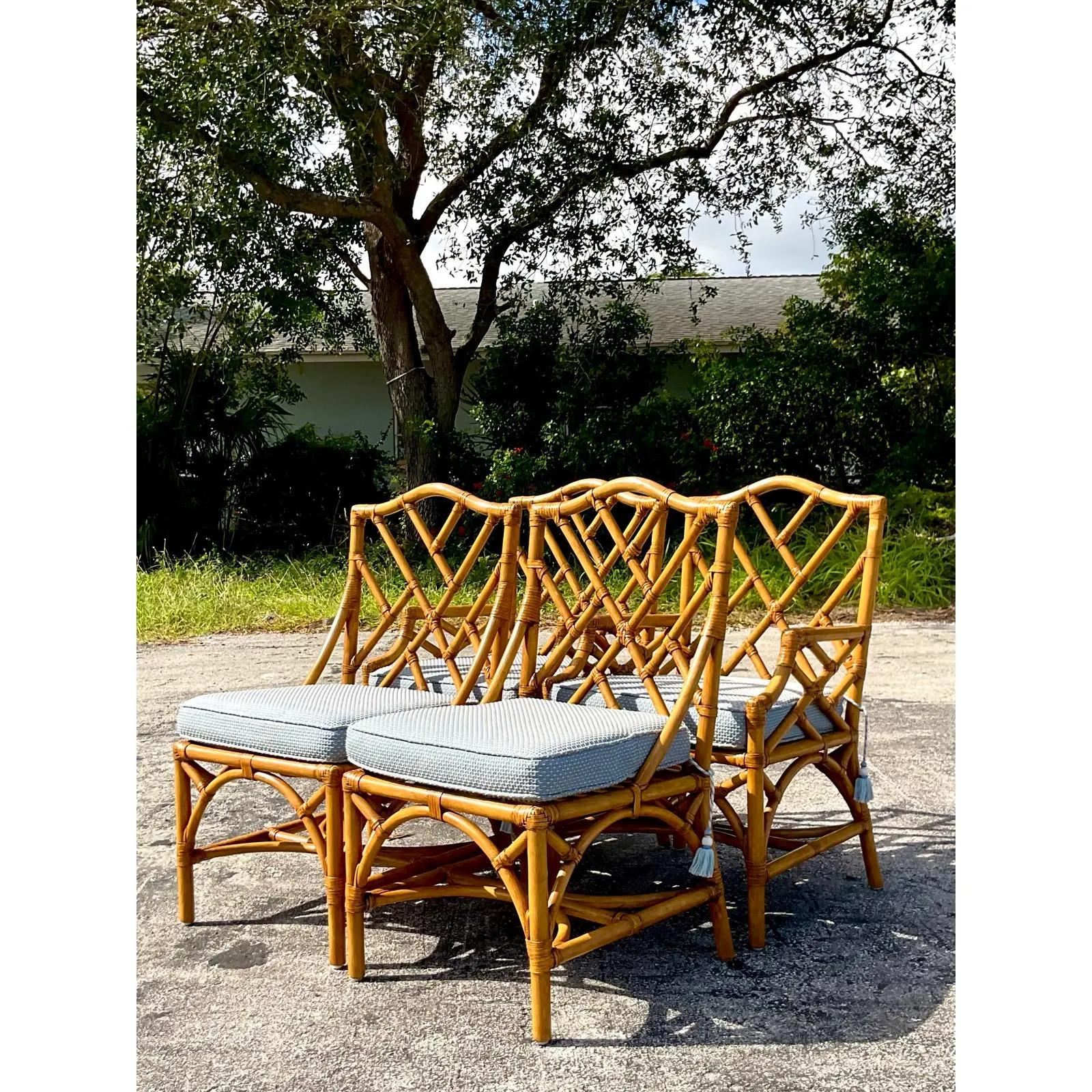 Vintage Coastal Rattan Chinese Chippendale Dining Chairs, Set of 4 4