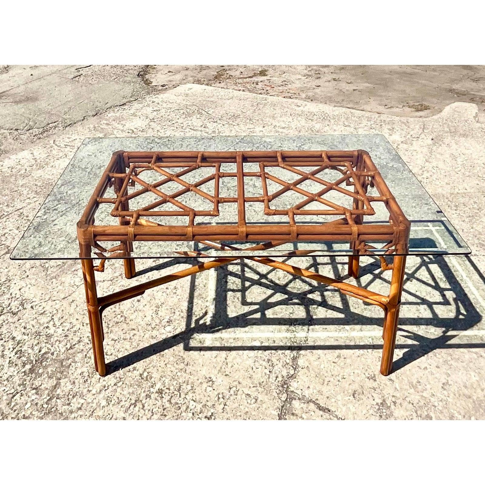 Philippine Vintage Coastal Rattan Chinese Chippendale Dining Table