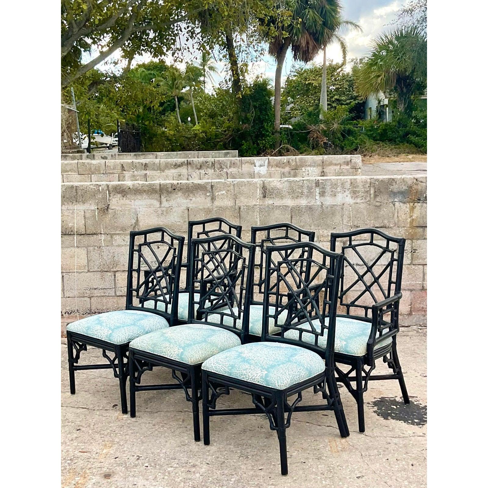 Vintage Coastal Rattan Chinese Chippendale Fretwork Dining Chairs, Set of 6 4
